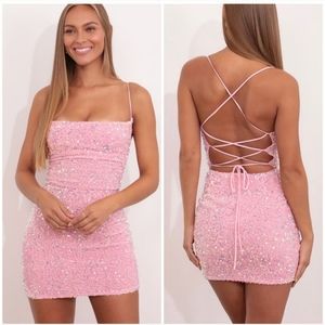 Lucy in the sky ivy cowl neck sequin pink shimmer glitter dress small